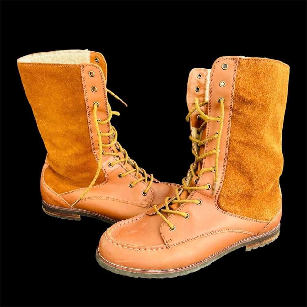 GH Bass Mae Low Heel Lace Up Leather Boots Sherpa Lined Tan Sz 9 Cottage Prairie